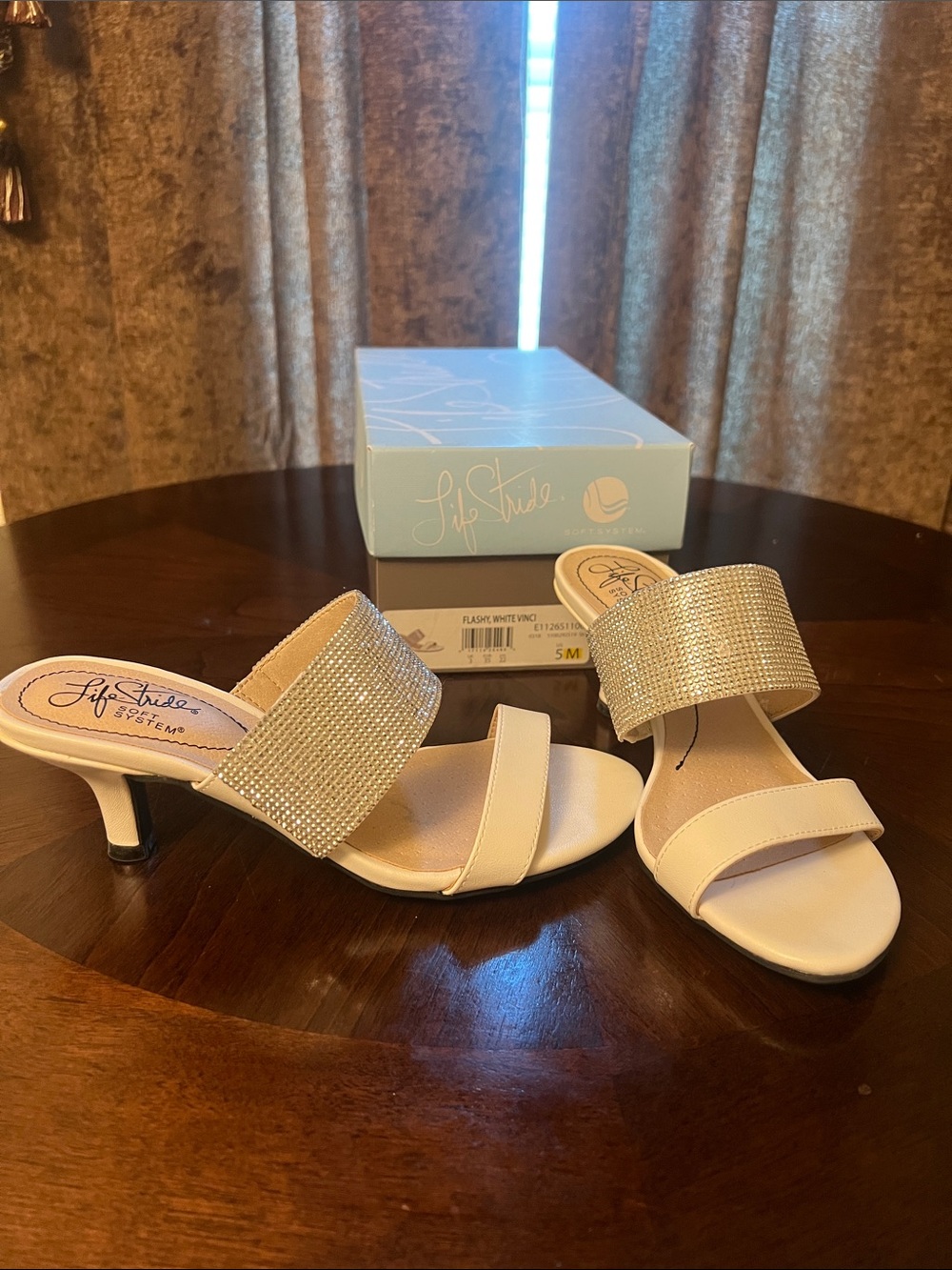 Life Stride Soft System Flashy White Rhinestone Kitten Sandals